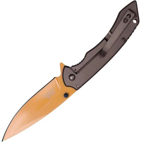 Assisted Open Folding Pocket Knife with Grey handle and Orange Blade - Image 2