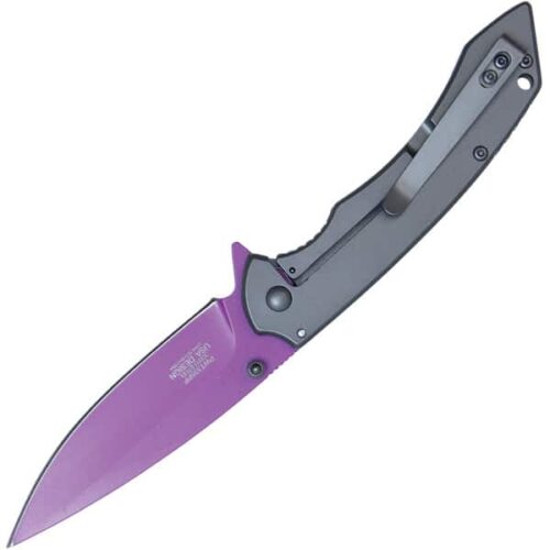 Assisted Open Folding Pocket Knife with Grey handle and Purple Blade - Image 2