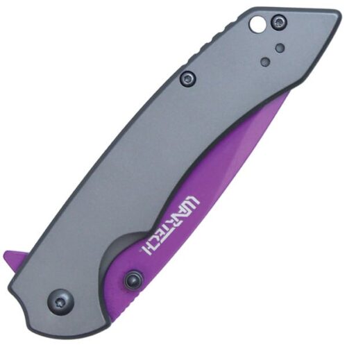 Assisted Open Folding Pocket Knife with Grey handle and Purple Blade - Image 3