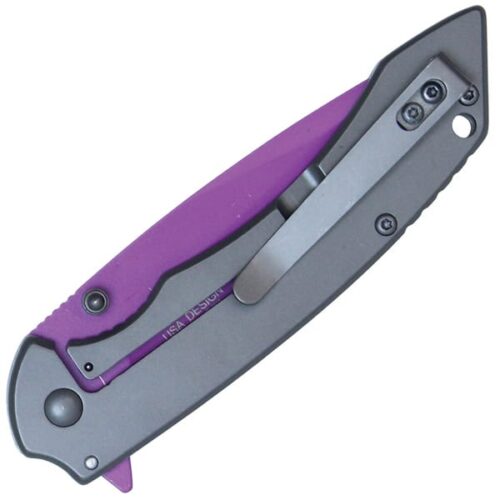 Assisted Open Folding Pocket Knife with Grey handle and Purple Blade - Image 4