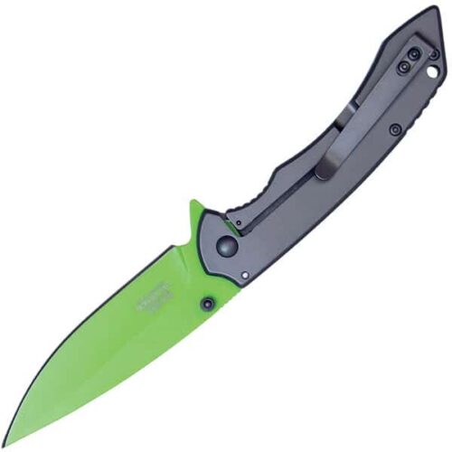 Assisted Open Folding Pocket Knife with Grey handle and Green Blade - Image 2