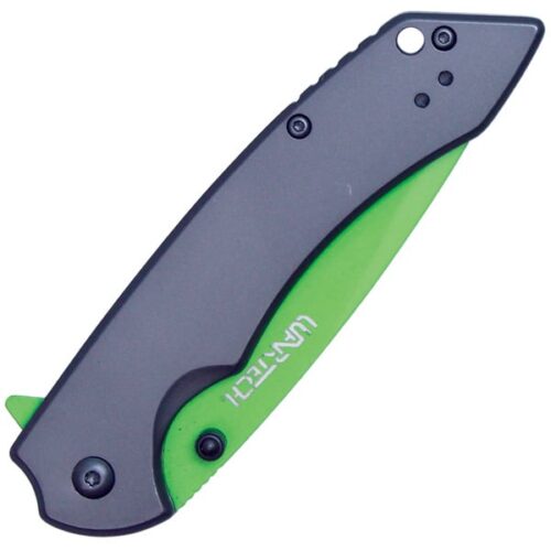 Assisted Open Folding Pocket Knife with Grey handle and Green Blade - Image 3