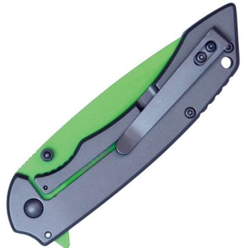 Assisted Open Folding Pocket Knife with Grey handle and Green Blade - Image 4