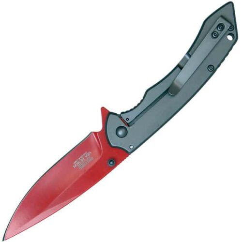 Assisted Open Folding Pocket Knife with Grey handle and Red Blade - Image 2