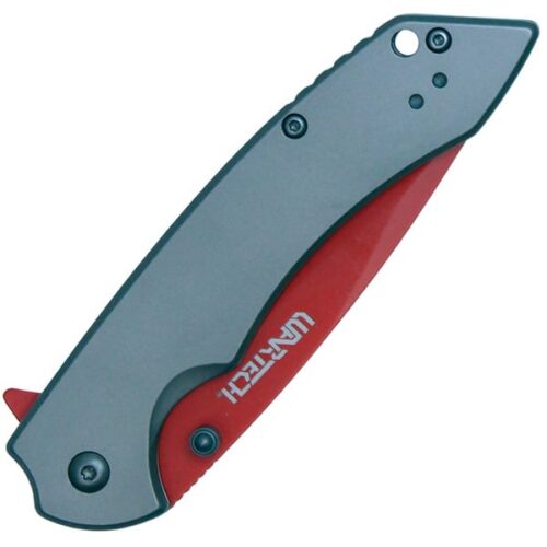 Assisted Open Folding Pocket Knife with Grey handle and Red Blade - Image 3