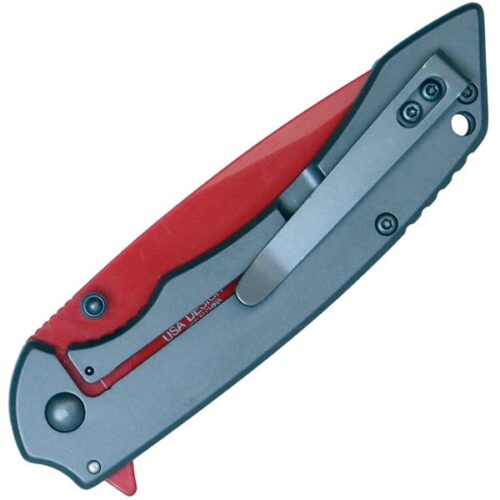 Assisted Open Folding Pocket Knife with Grey handle and Red Blade - Image 4