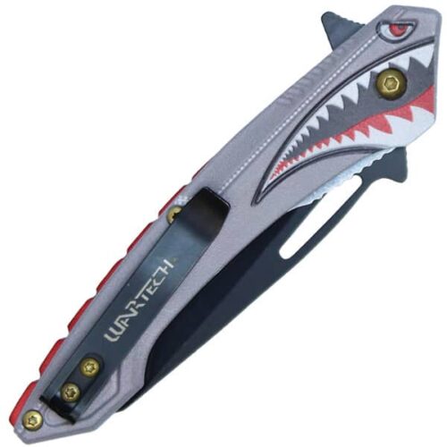 Assisted Open Folding Pocket Knife Gray with Flying Shark Design - Image 4