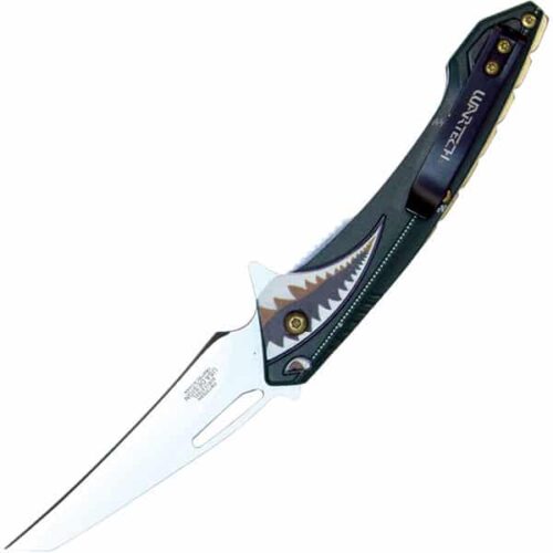 Assisted Open Folding Pocket Knife Green with Flying Shark Design - Image 2