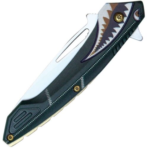 Assisted Open Folding Pocket Knife Green with Flying Shark Design - Image 3