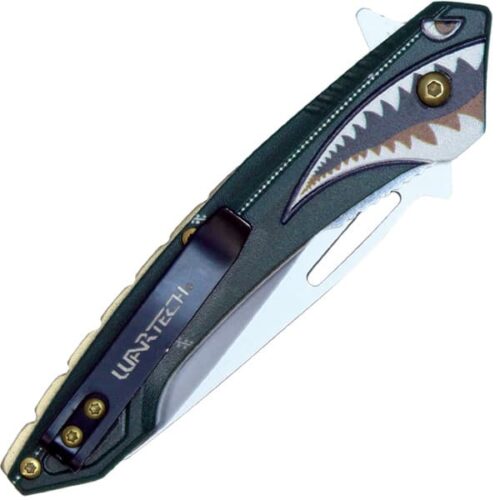 Assisted Open Folding Pocket Knife Green with Flying Shark Design - Image 4