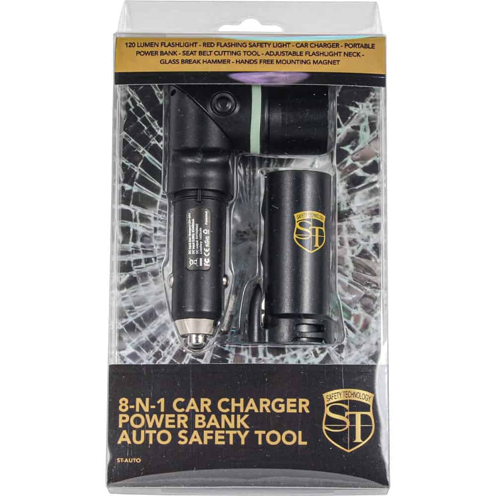 Safety Technology 8-N-1 Car Charger Power Bank Auto Safety Tool – USB Charging, 1400mAh Power Bank, 120-Lumen Flashlight, Seat Belt Cutter, Glass Break Hammer, Red Signal Light, Magnetic Mount - Image 10
